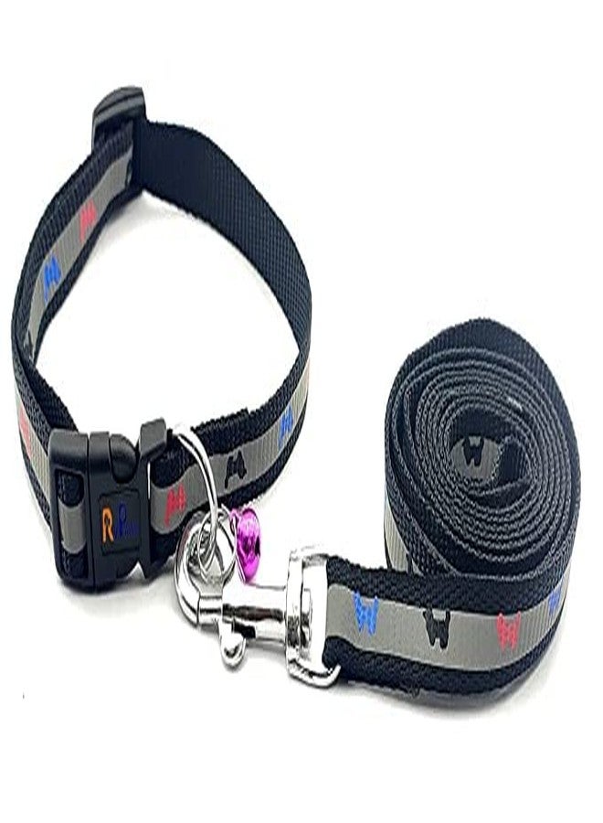 Pups&Pets طوق نايلون قابل للتعديل من Pups&Pets مقاس 0.5 بوصة مع مقود 15 مم - تصميم سريع الفتح وجيد التهوية، طوق لطيف مزود بمشبك سهل الاستخدام وجرس للكلاب والقطط - أسود - Image 1